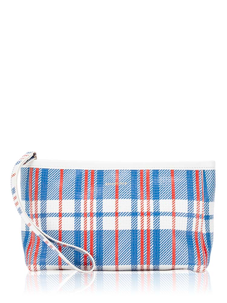 Calfskin Check Print Barbes Small Wristlet Pouch Cobalt Blue