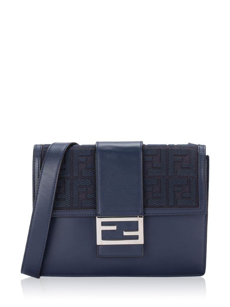 FF-Jacquard Calfskin Baguette Medium Flat Crossbody Blue