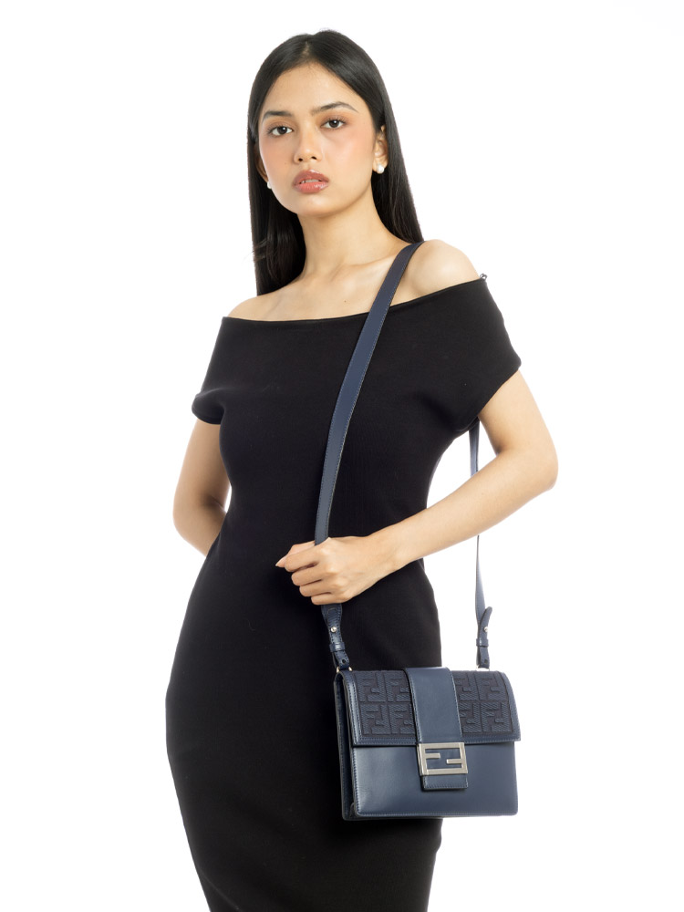 FF-Jacquard Calfskin Baguette Medium Flat Crossbody Blue
