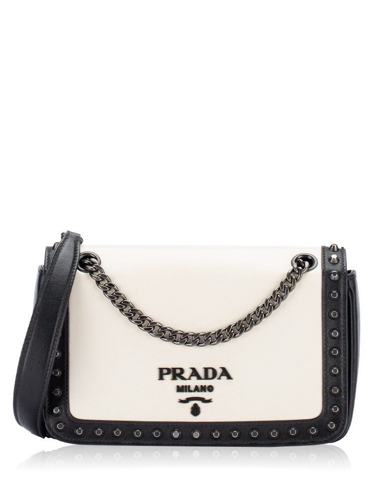 Glace Calfskin Studded Chain Shoulder Bag Blanc Nero