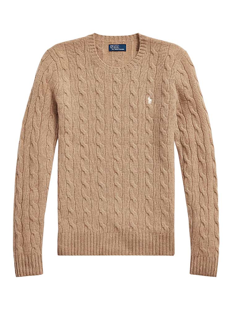 Polo Cable Knit Sweater Camel Melange White Sz L