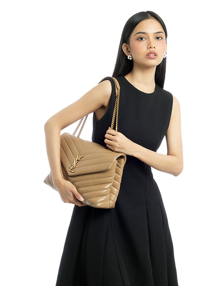 Calfskin Y Quilted Monogram Loulou Medium Shoulder Bag Natural Tan