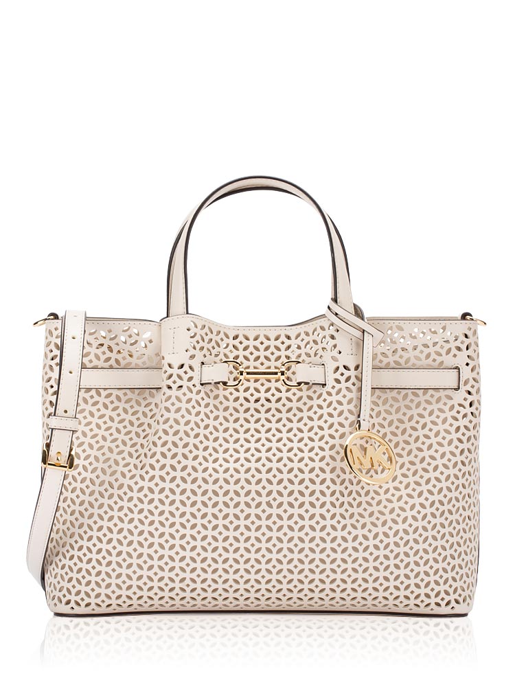 Carson Floral Laser Cut Medium Satchel Light Cream