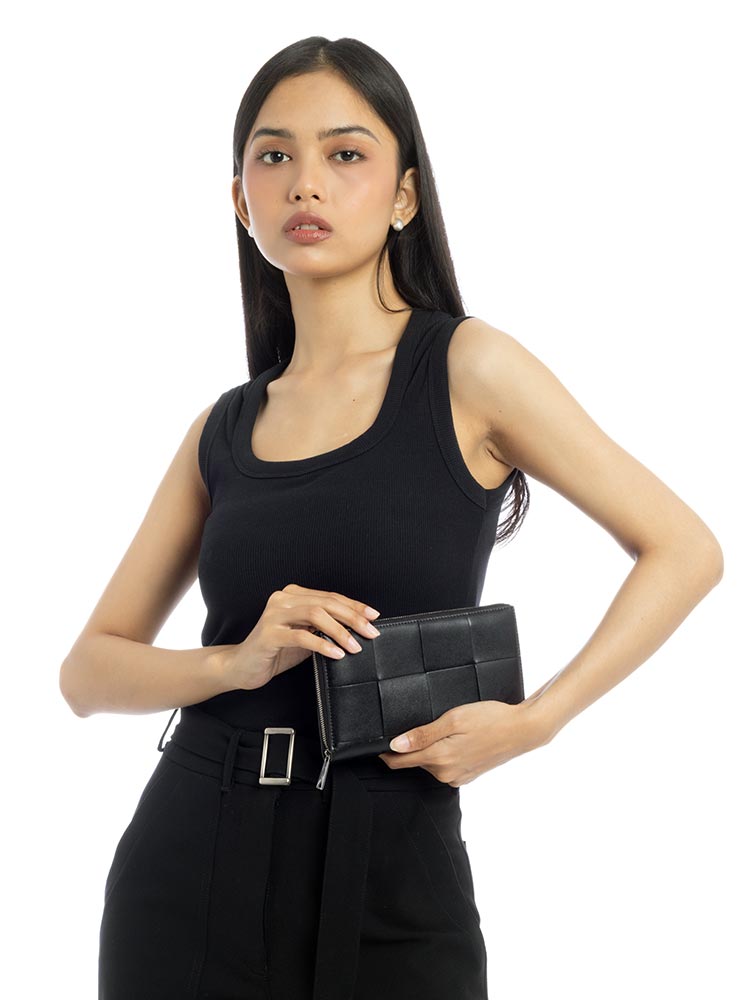 Nappa Maxi Intrecciato Cassette Zip Wallet Black