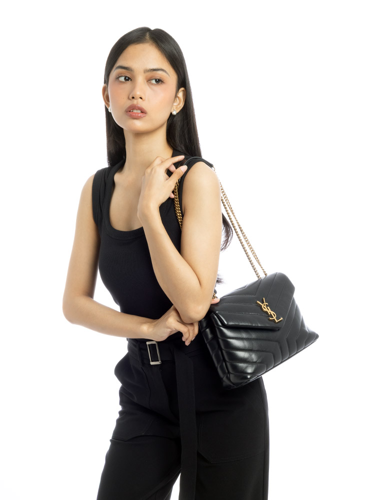 Calfskin Y Monogram Loulou Small Shoulder Bag Black