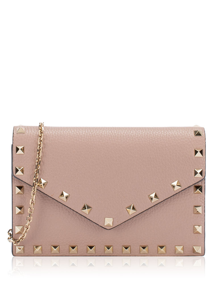 Calfskin Rockstud Envelope Chain Wallet Poudre