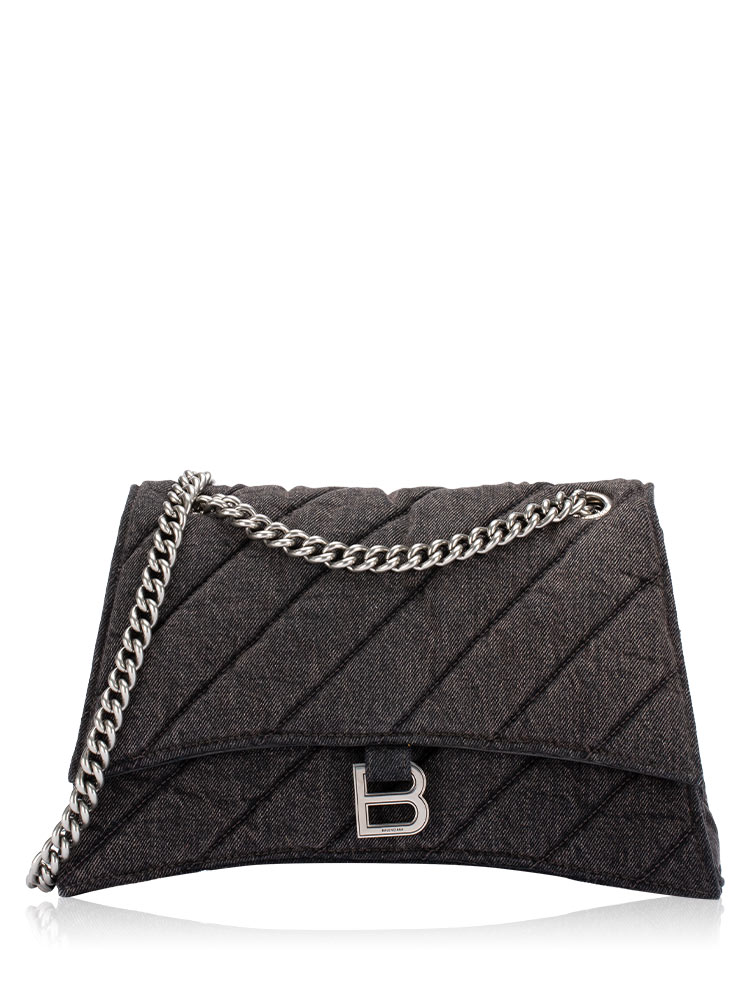 Washed Denim Quilted Crush Medium Shoulder Bag Black