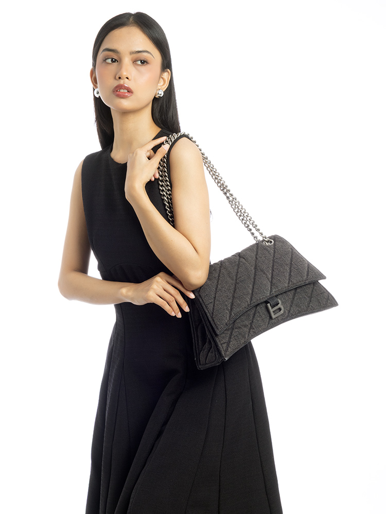 Washed Denim Quilted Crush Medium Shoulder Bag Black