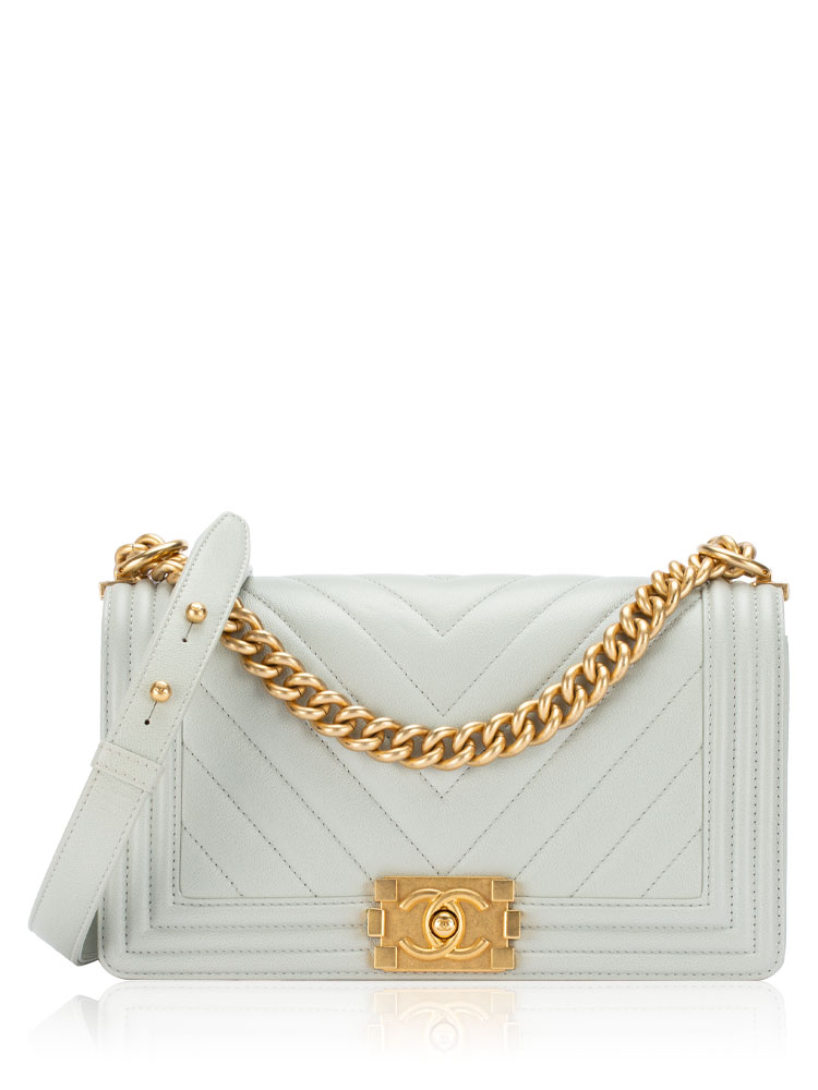 Caviar Chevron Medium Boy Flap Bag Light Grey