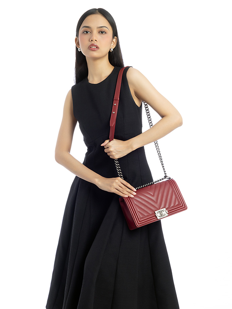 Calfskin Chevron Boy Medium Flap Bag Red