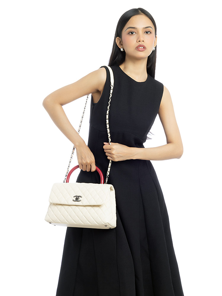 Caviar Lizard Handle Medium Coco Handle Flap Bag White