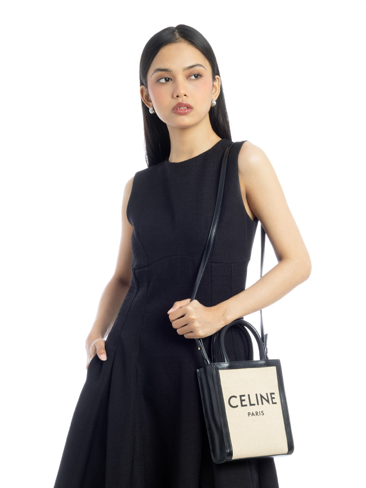 Canvas Calfskin Mini Vertical Cabas Vanilla Black
