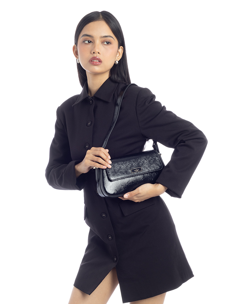 Bridget Crinkle Patent Small Shoulder Bag Black