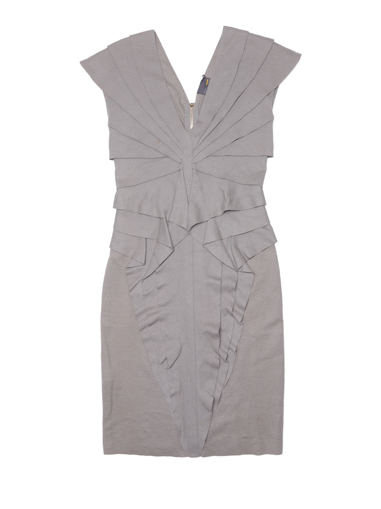 Wool Fleece Deep V Pleated Ruffle Tiered Dress Light Grey Sz 38