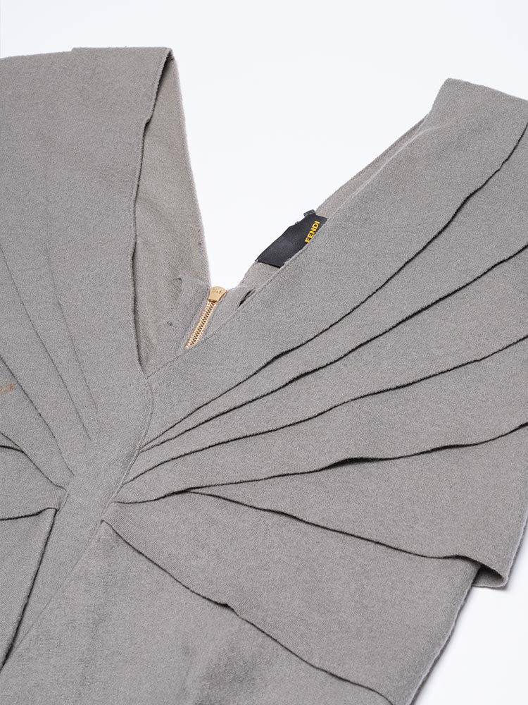 Wool Fleece Deep V Pleated Ruffle Tiered Dress Light Grey Sz 38