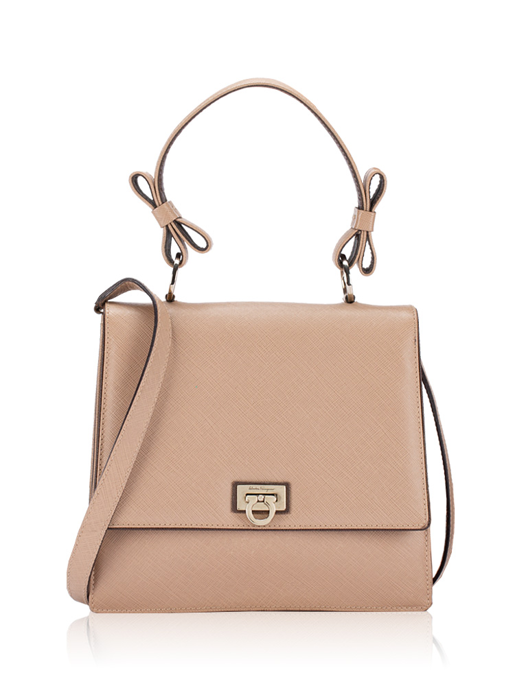 Saffiano Gancini Vara Bow Top Handle Satchel Taupe