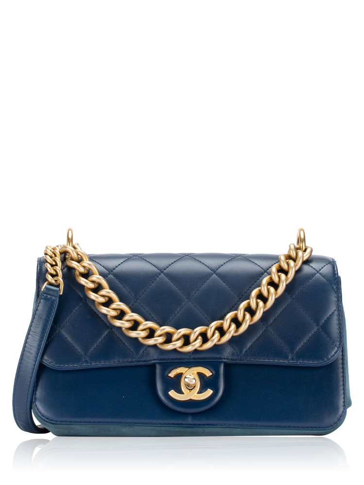 Glazed Calfskin Straight Line Small Flap Bag Blue