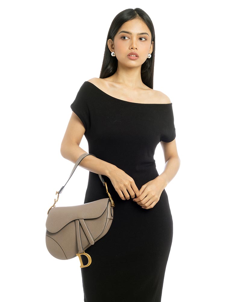 Grained Calfskin Medium Saddle Bag Warm Taupe