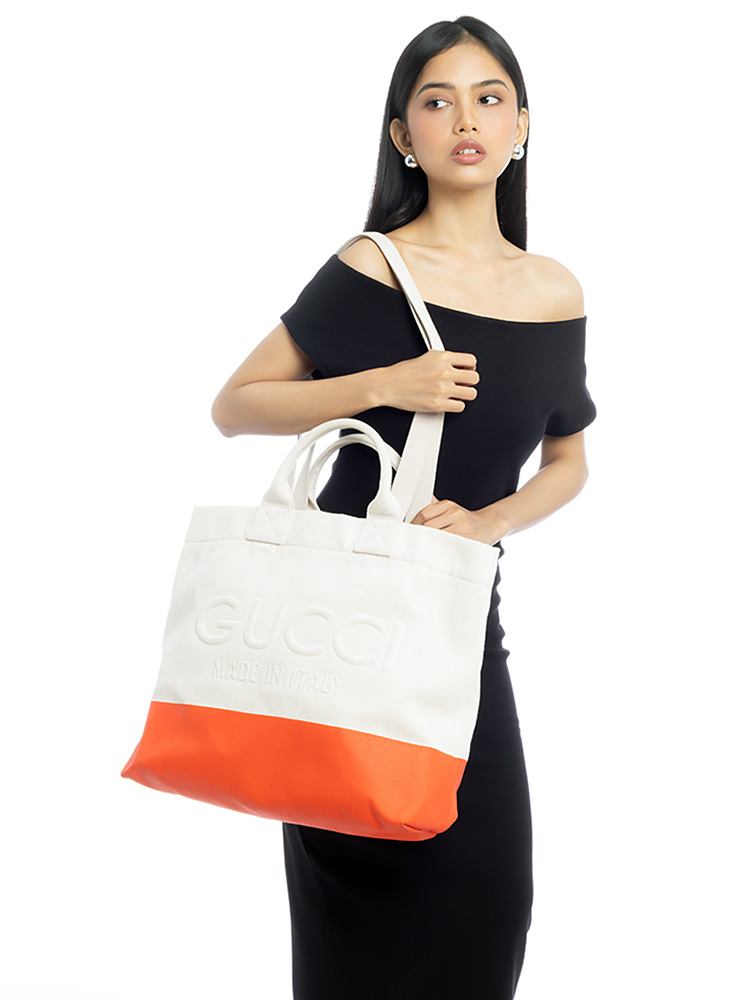 Canvas Logo Embossed Tote Natural Orange