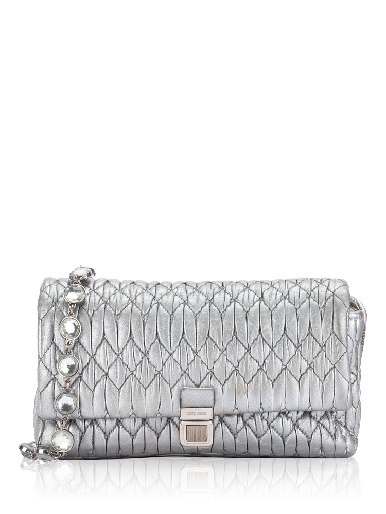 Nappa Matelasse Crystal Chain Shoulder Bag Silver