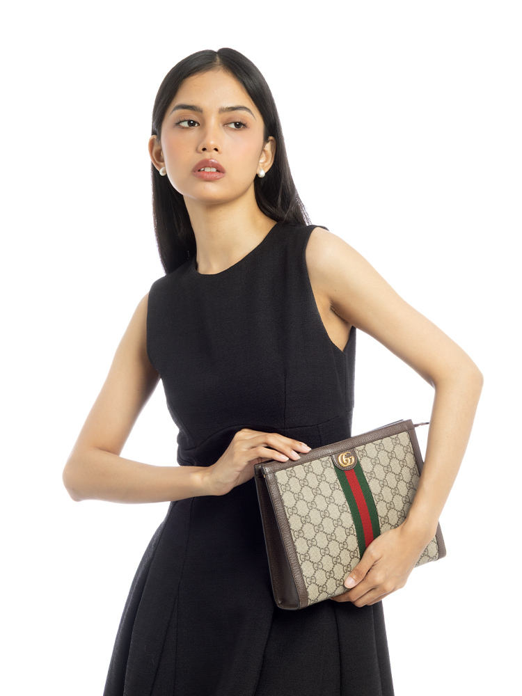 GG Supreme Web Ophidia Pouch Beige Ebony