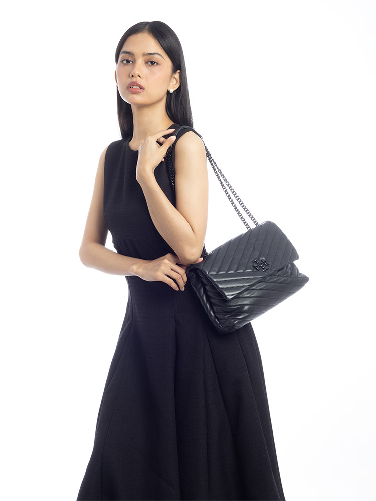 Kira Chevron Powder Coated Convertible Shoulder Bag Black