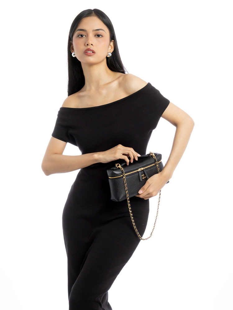 Grained Calfskin Top Handle 25cm Vanity with Chain Black