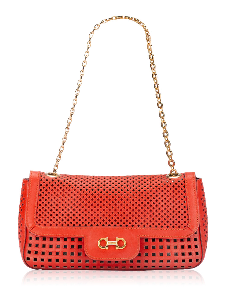 Perforated Calfskin Gancini Luciana Shoulder Bag Rosso