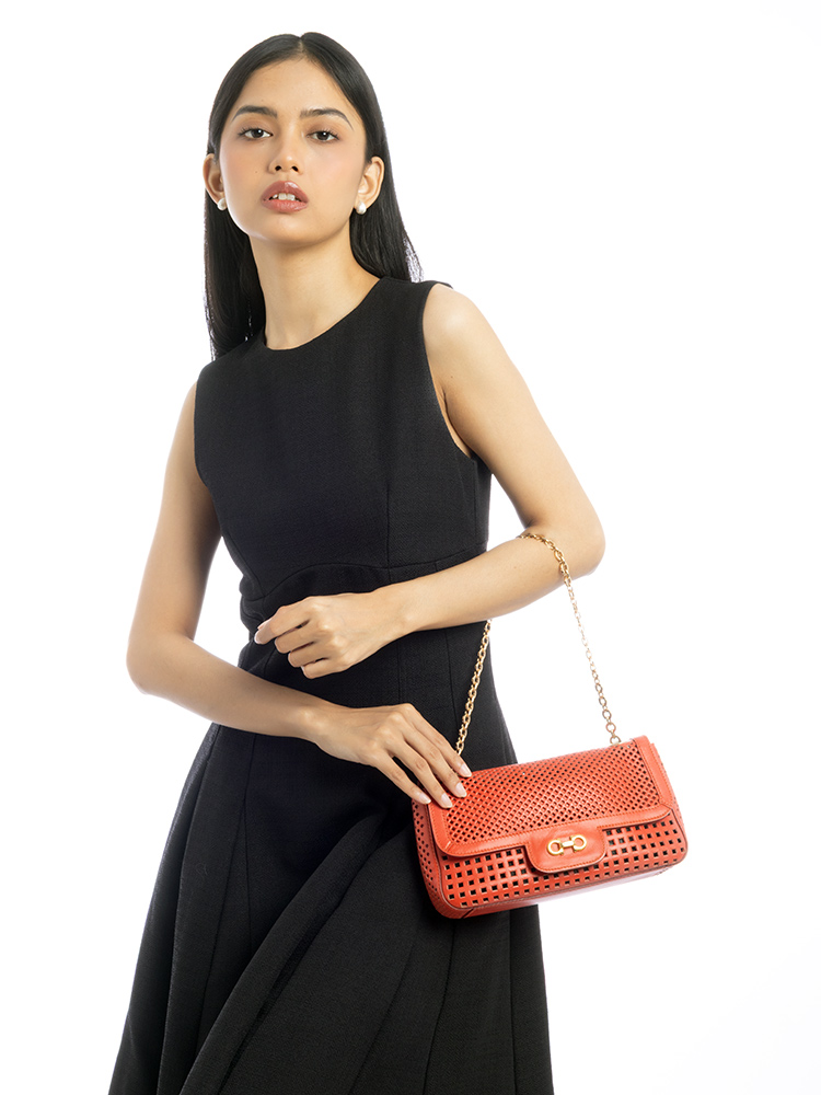 Perforated Calfskin Gancini Luciana Shoulder Bag Rosso