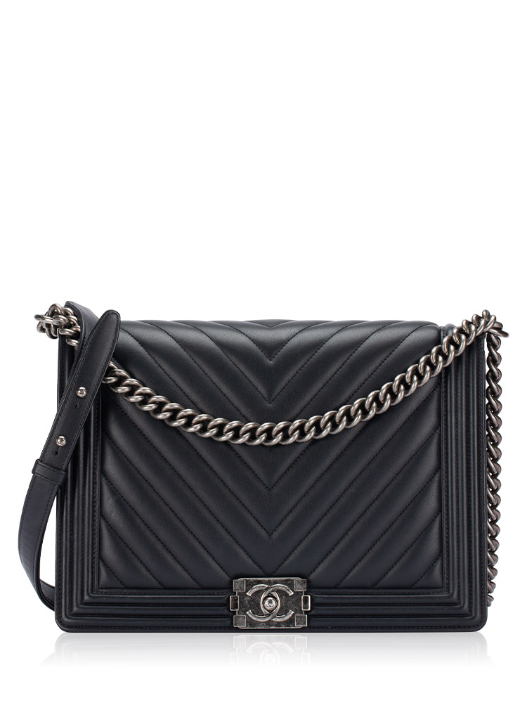Calfskin Chevron Large Boy Flap Bag Black