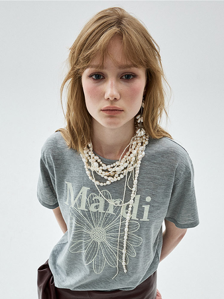 Flowermardi Slub Cotton Relaxed T-Shirt Grey Ivory