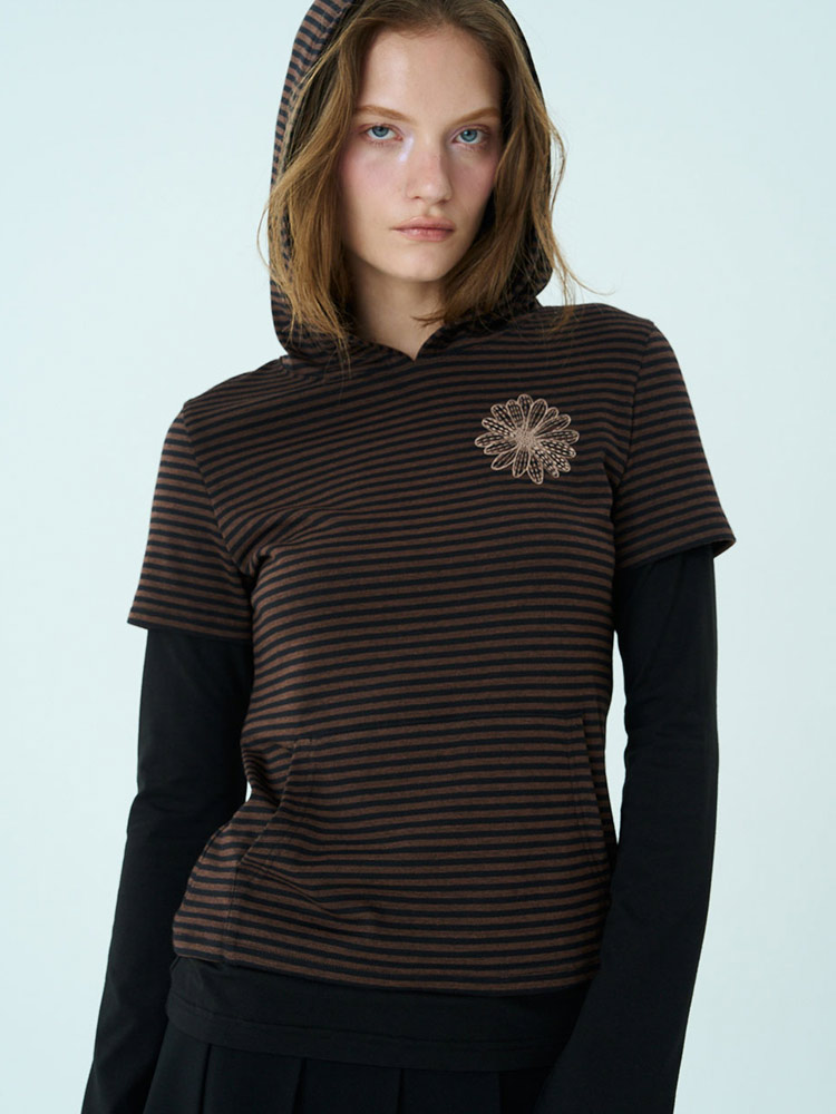 Layered Flower Long Sleeve Hoody Brown