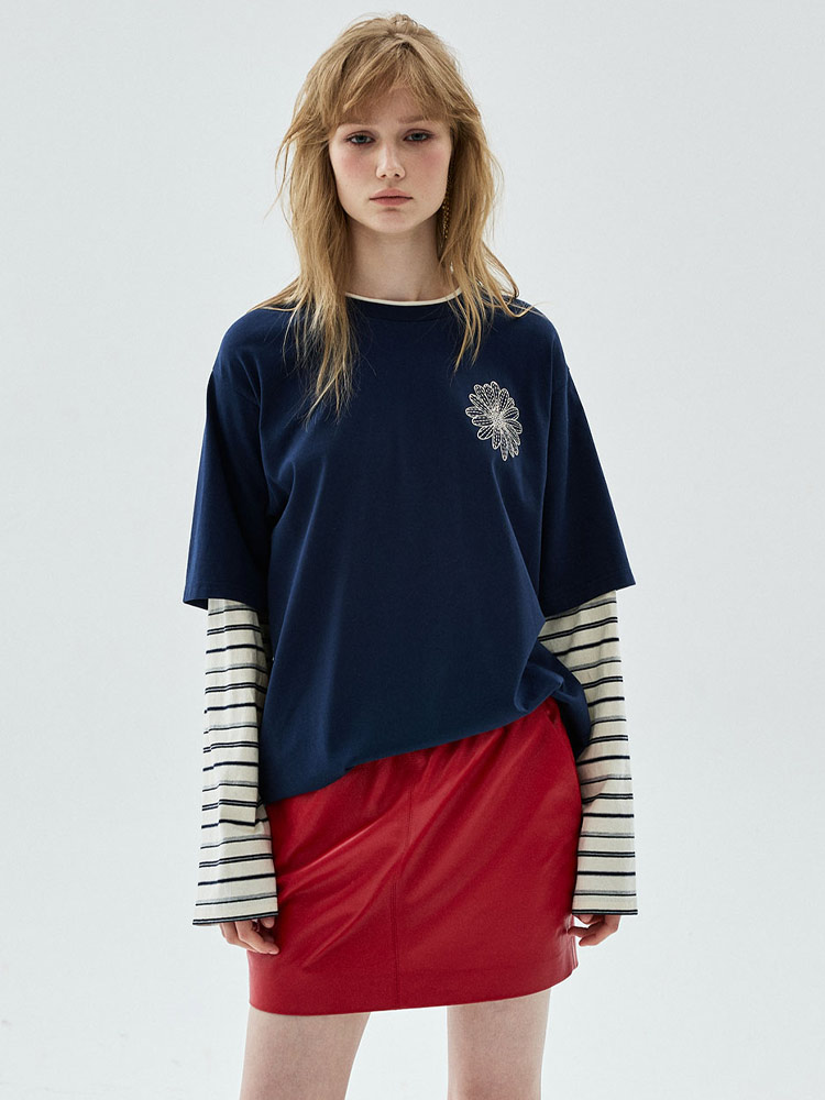 Layered Flower Long Sleeve T-Shirt Navy