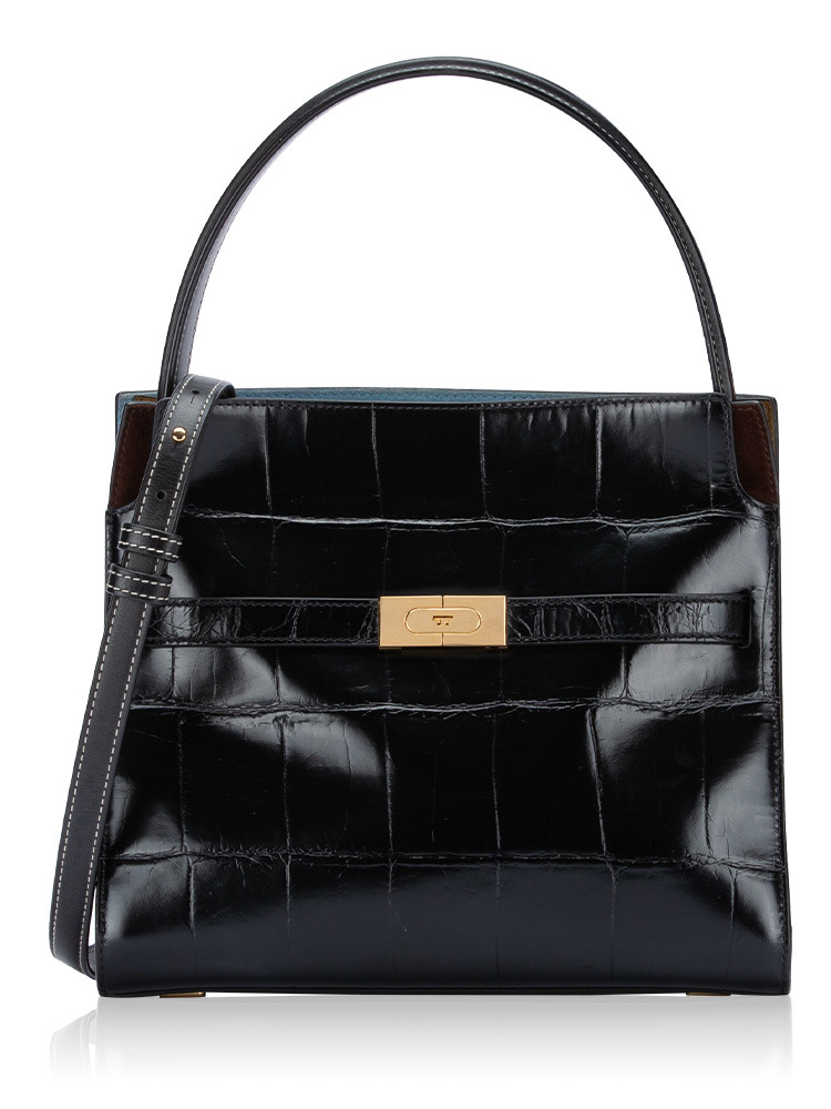 Croc Emboss Lee Radziwill Small Double Bag Black