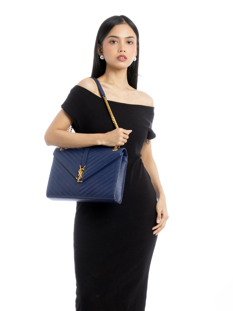 Grain De Poudre Monogram Envelope Large Shoulder Bag Navy Blue