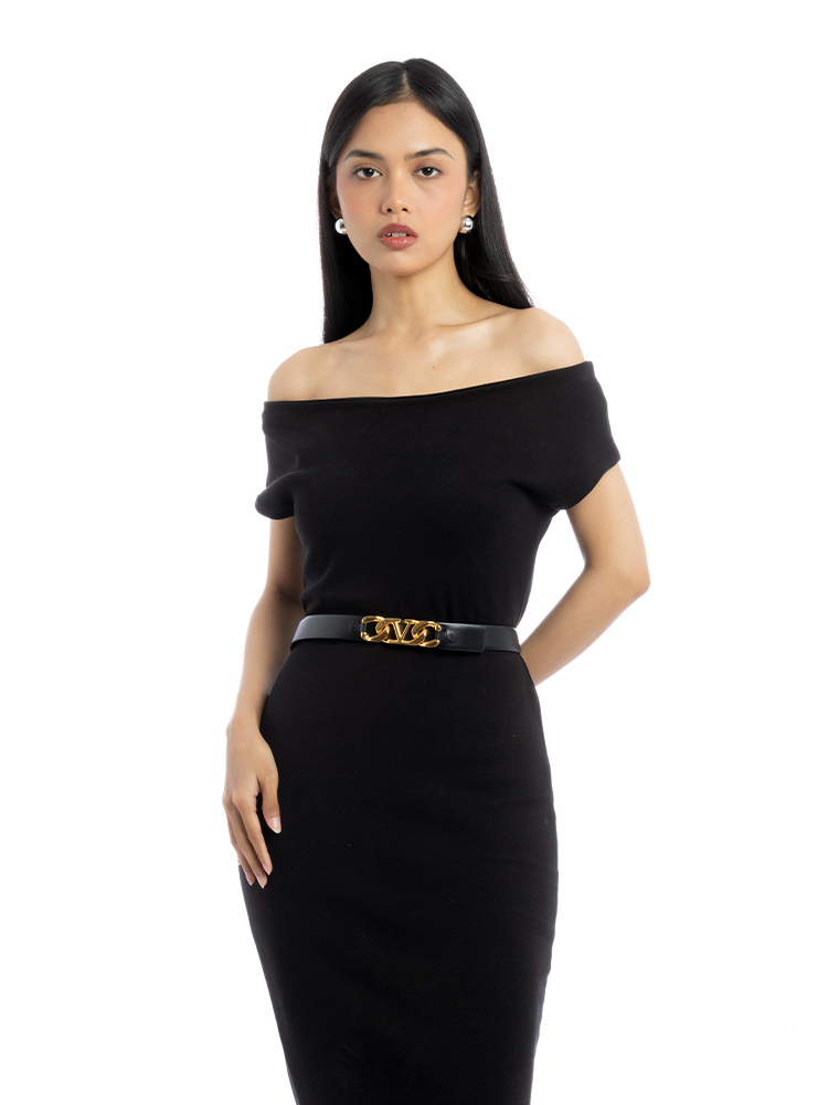 Calfskin VLogo Chain 25mm Belt Black Sz 80