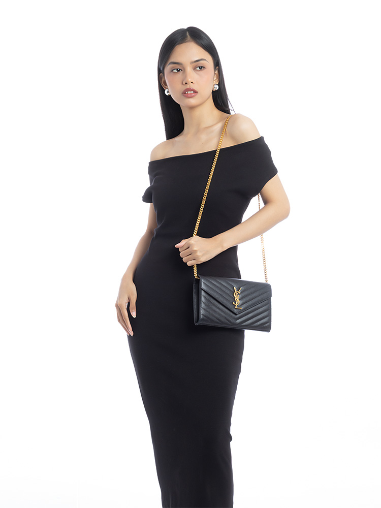 Grain De Poudre Matelasse Monogram 22cm Chain Wallet Black
