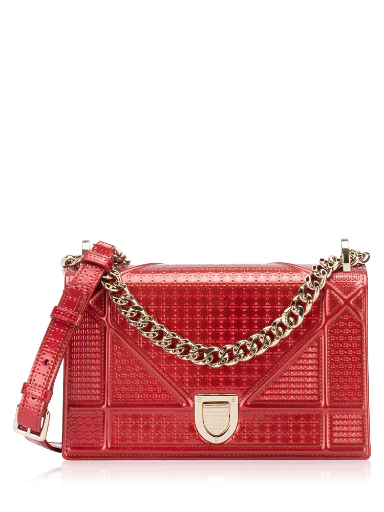 Metallic Patent Micro-Cannage Diorama Small Flap Bag Red