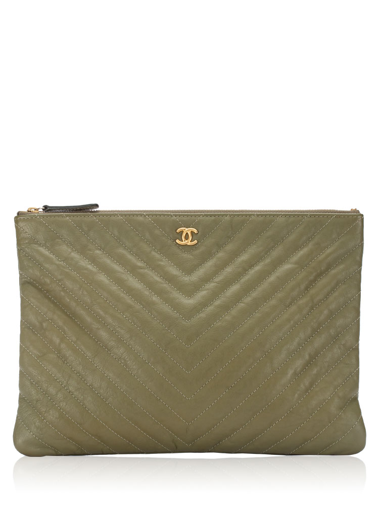 Calfskin Chevron Medium O Case Clutch Dark Green