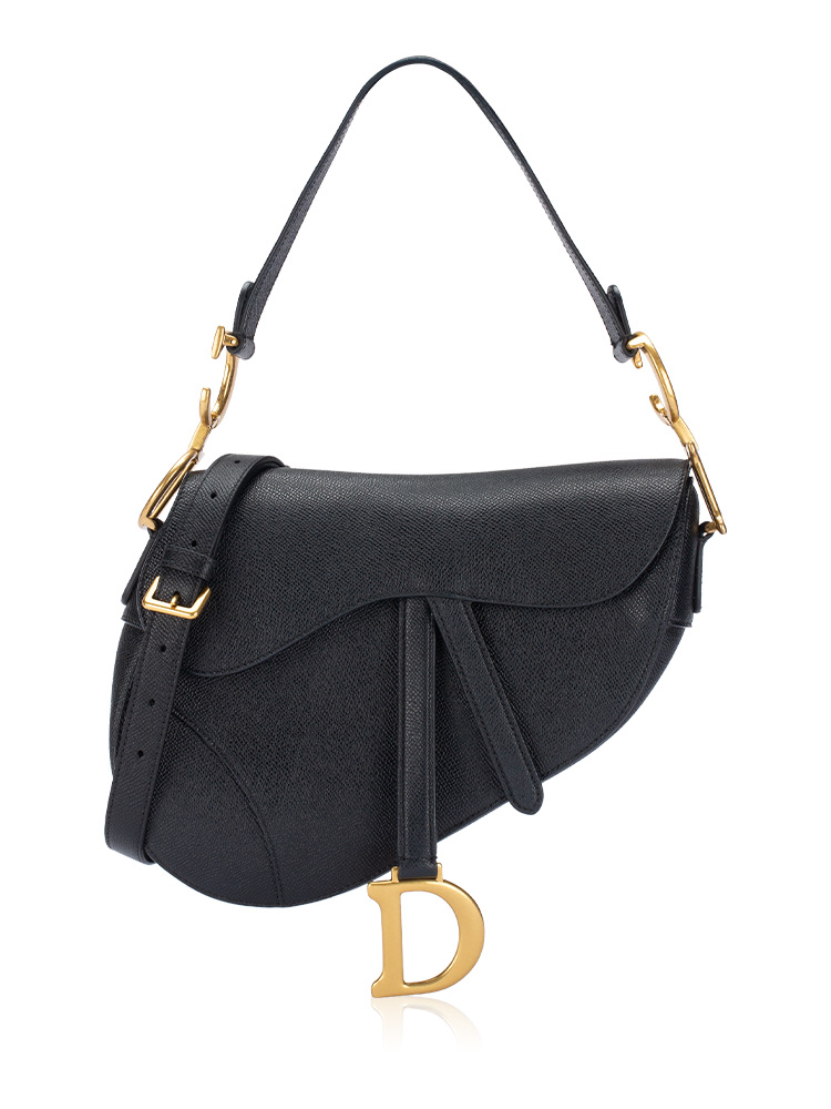 Grained Calfskin Medium Saddle Bag with Strap Black