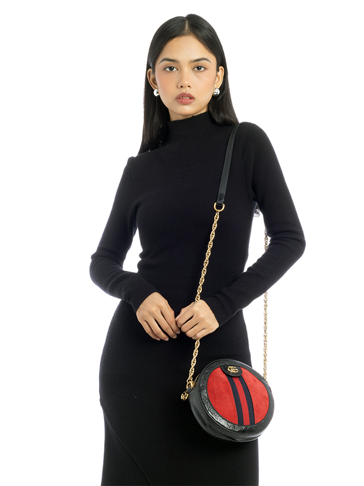 Suede Web Ophidia Mini Round Shoulder Bag Red