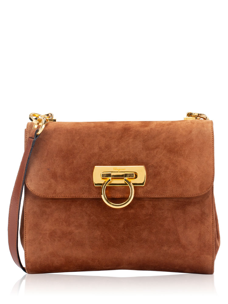 Vintage Suede Gancini Crossbody Brown