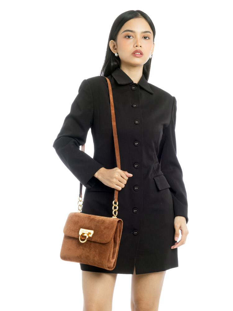 Vintage Suede Gancini Crossbody Brown