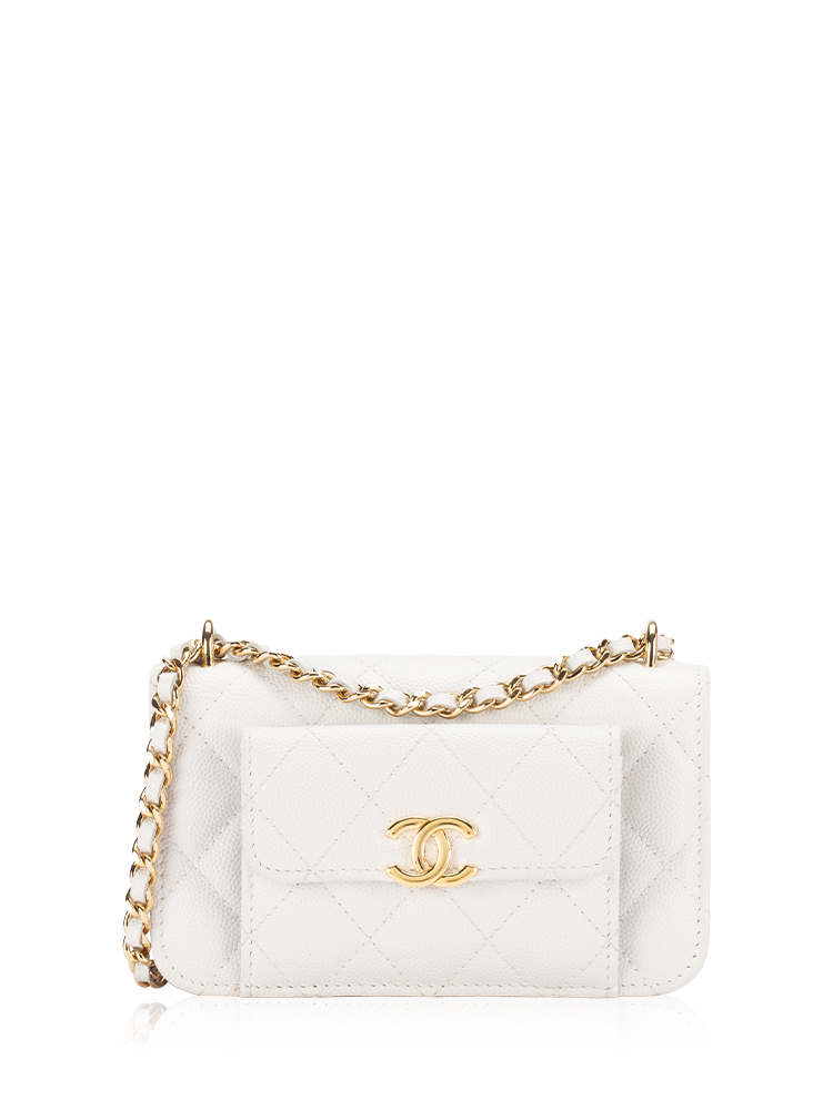 Caviar Pocket Twins Clutch With Chain White