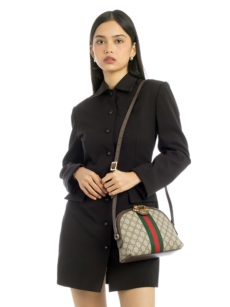 GG Supreme Web Ophidia Small Dome Shoulder Bag Beige Brown