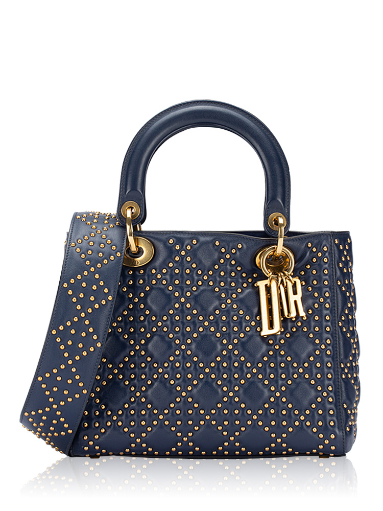 Supple Lambskin Cannage Studded Medium Lady Dior Navy Blue