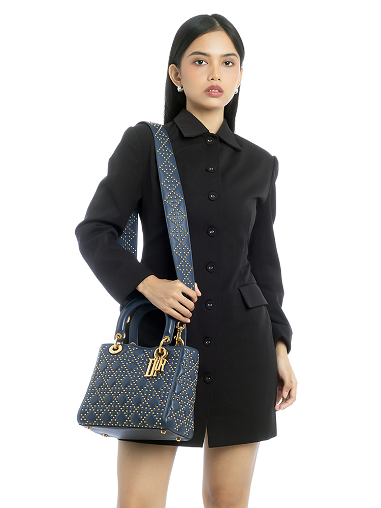 Supple Lambskin Cannage Studded Medium Lady Dior Navy Blue