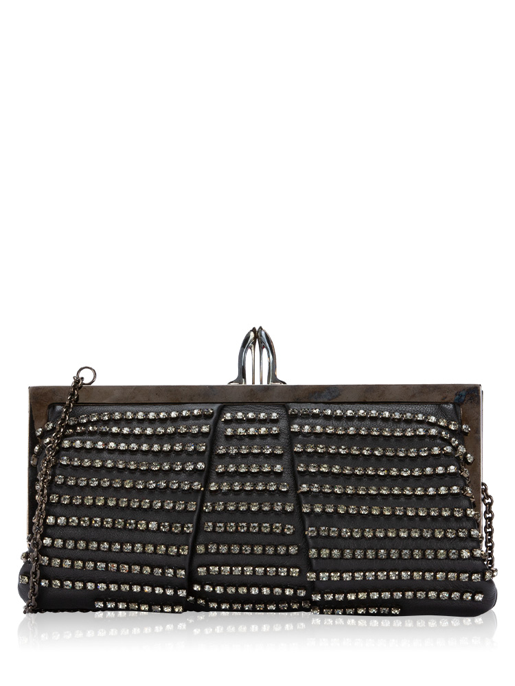 Calfskin Crystal Embellished Chain Clutch Black