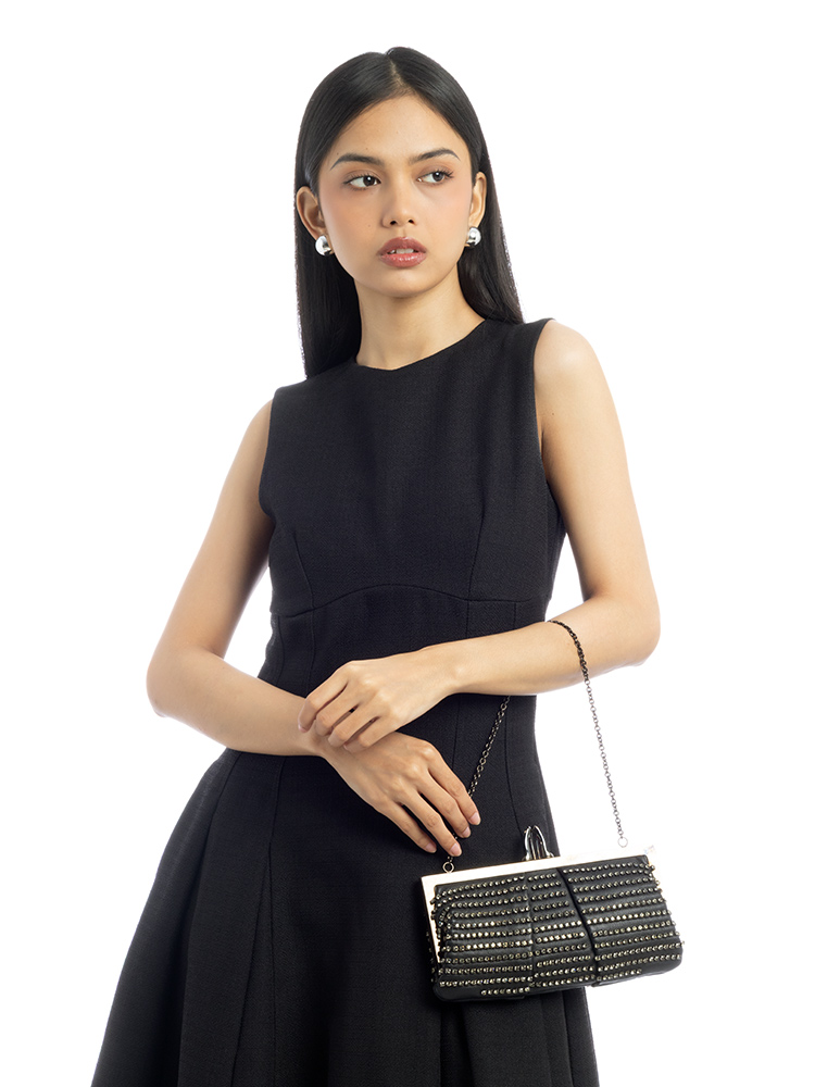 Calfskin Crystal Embellished Chain Clutch Black
